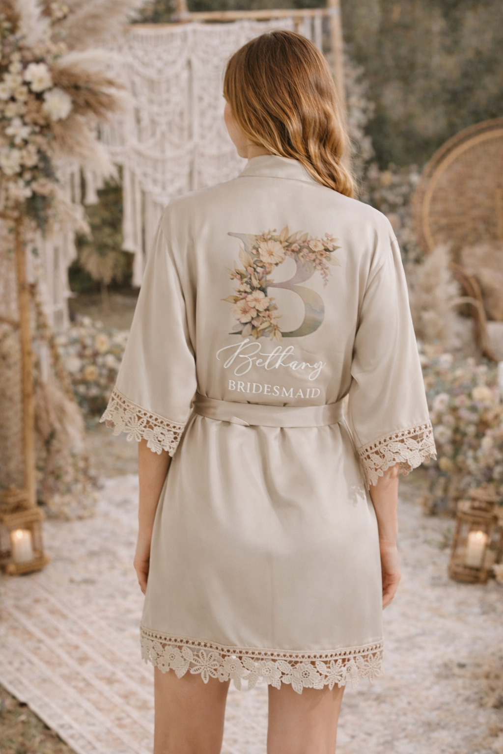 Personalised Satin Lace Trim Bridesmaid Robe - Pastel Initial Design