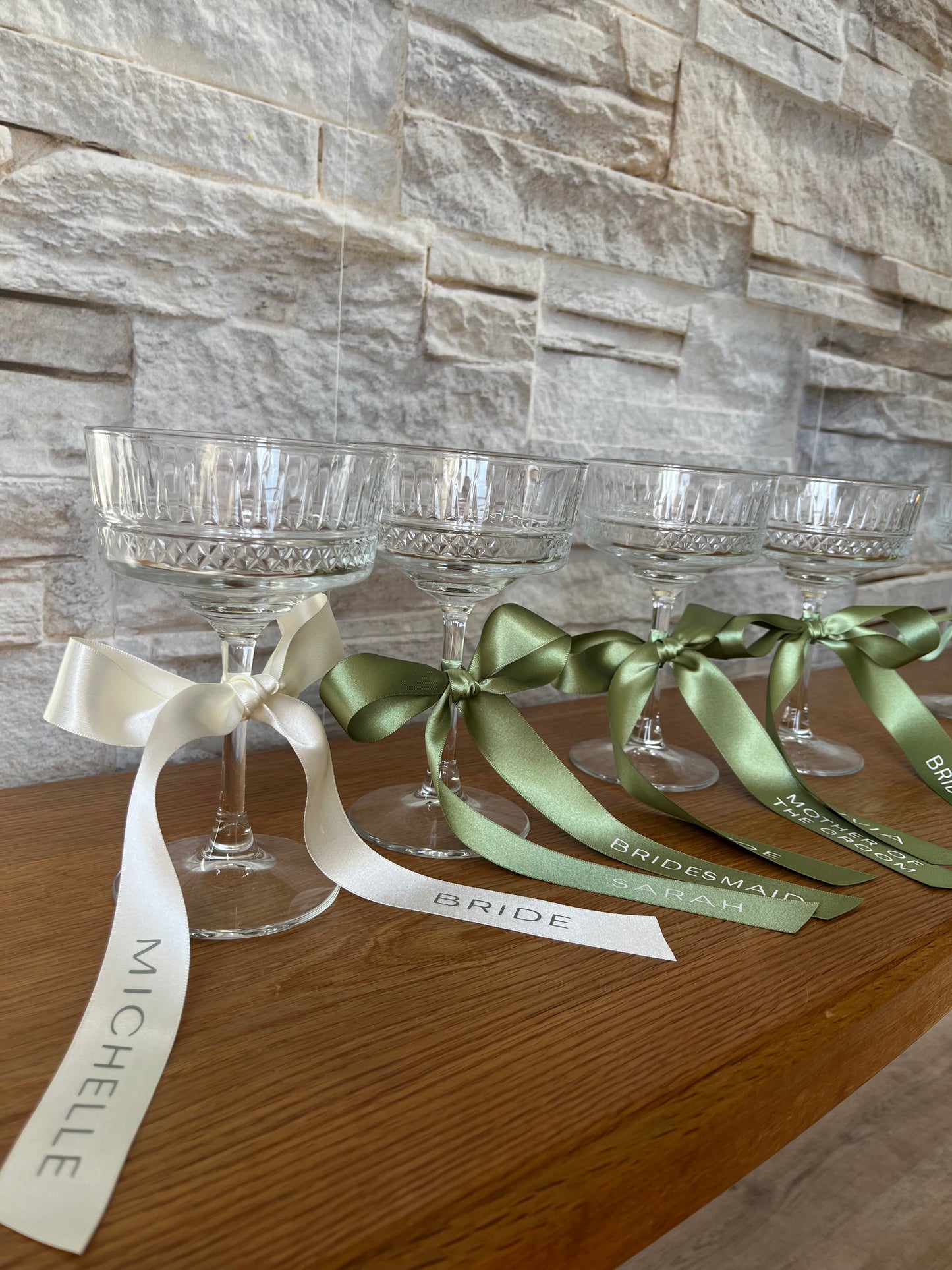 Sage Bridesmaid Personalised Ribbon for Champagne coupe Glass