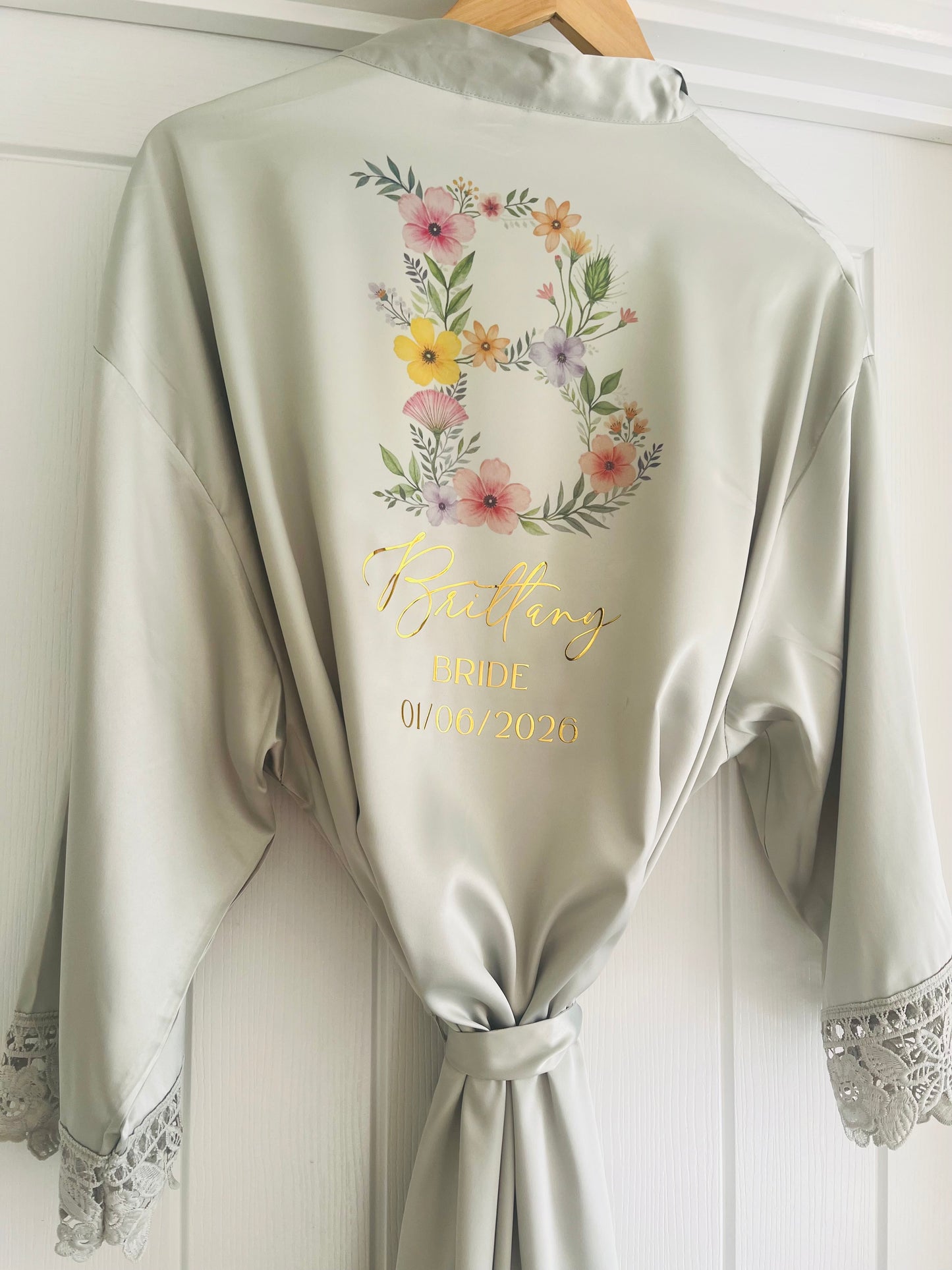 Personalised Satin Lace Trim Bridesmaid Robe - Wildflowers Initial Design