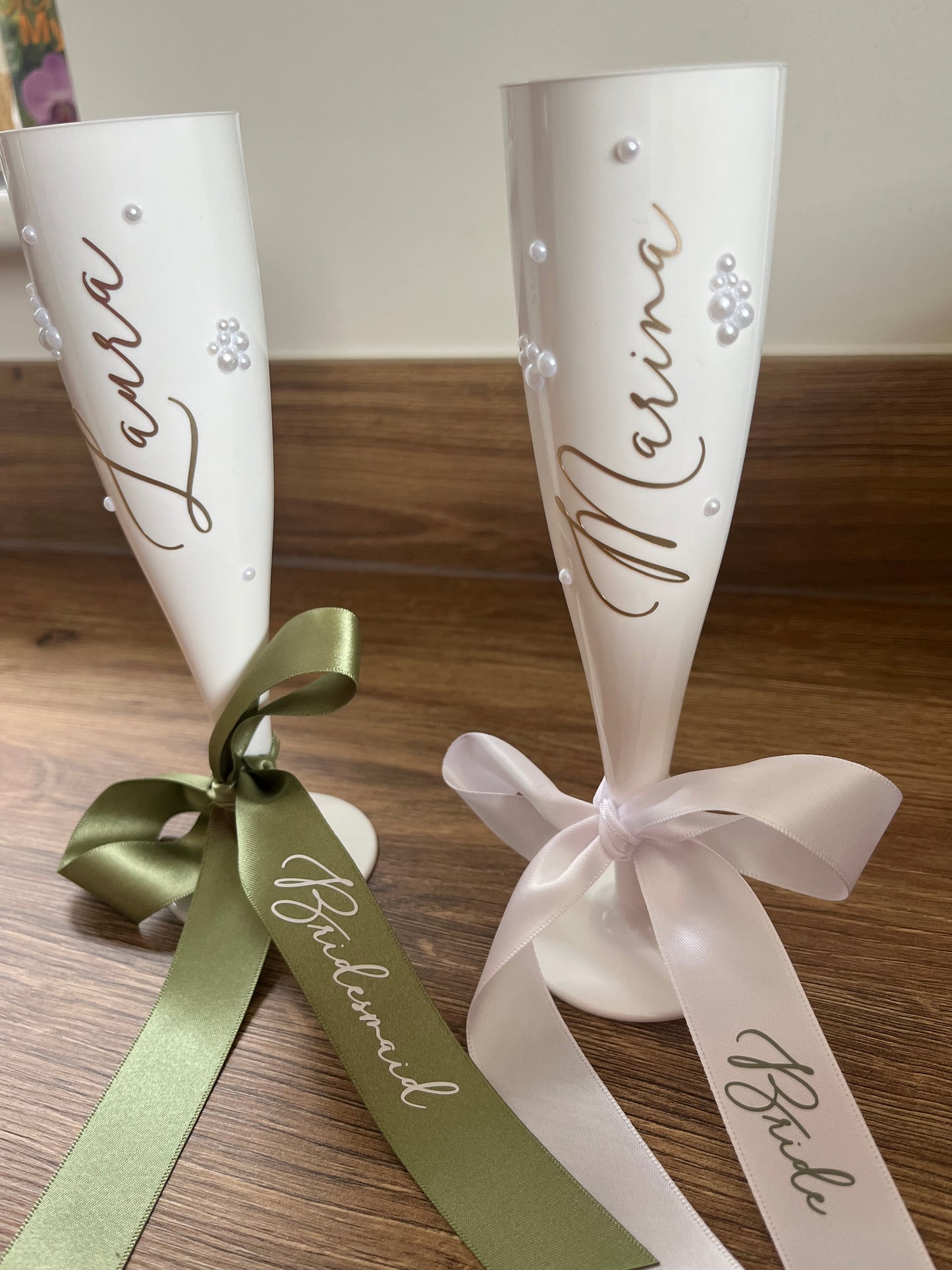 Bridesmaid Flute Glass - White plastic flute glass with personalised ribbons