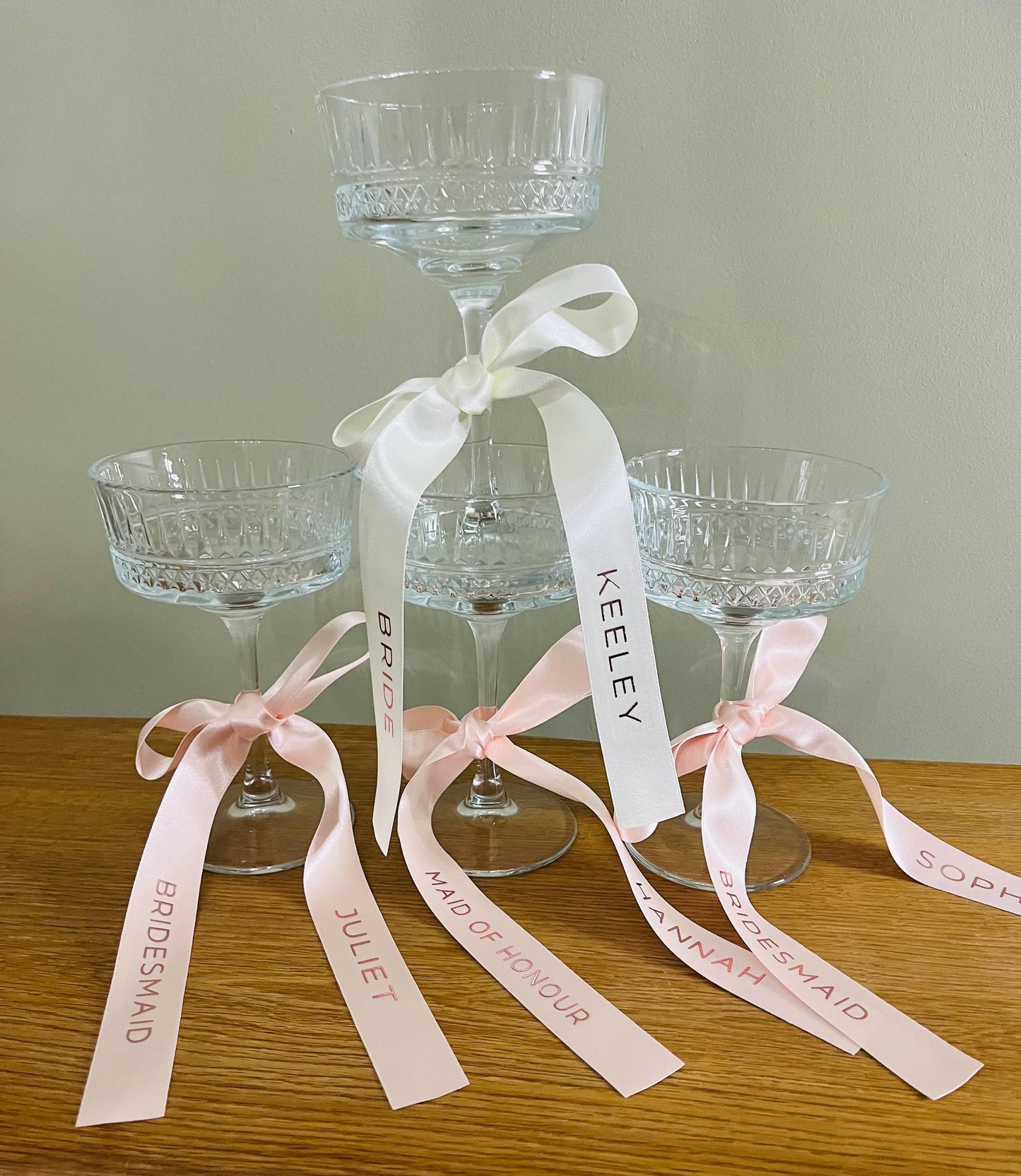 BLUSH Pink Bridesmaid Personalised Ribbons for Champagne Coupe - Bridesmaid Gift - Bridesmaid flute - Personalised Ribbons - Bride Ribbon