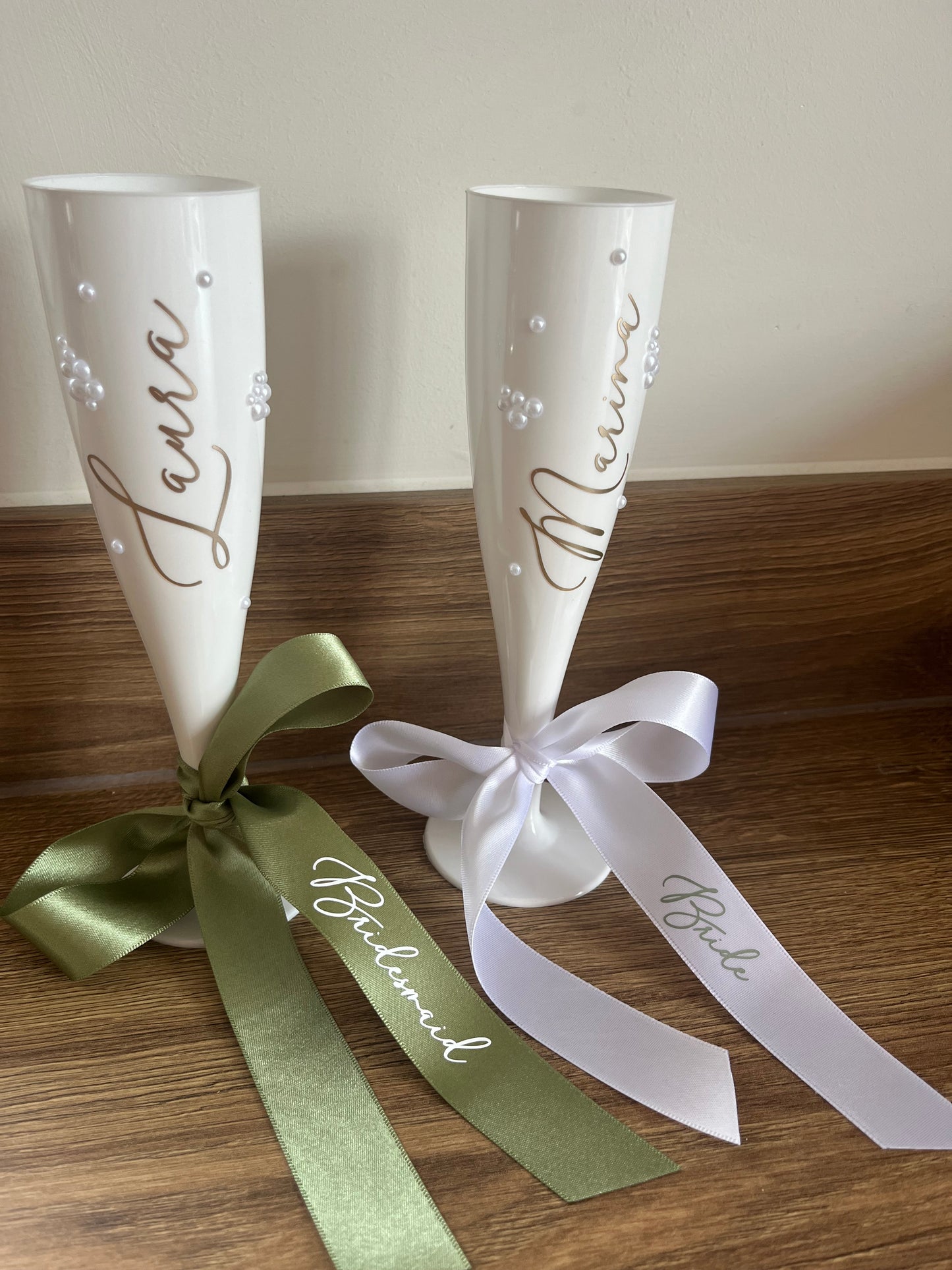 Bridesmaid Flute Glass - White plastic flute glass with personalised ribbons