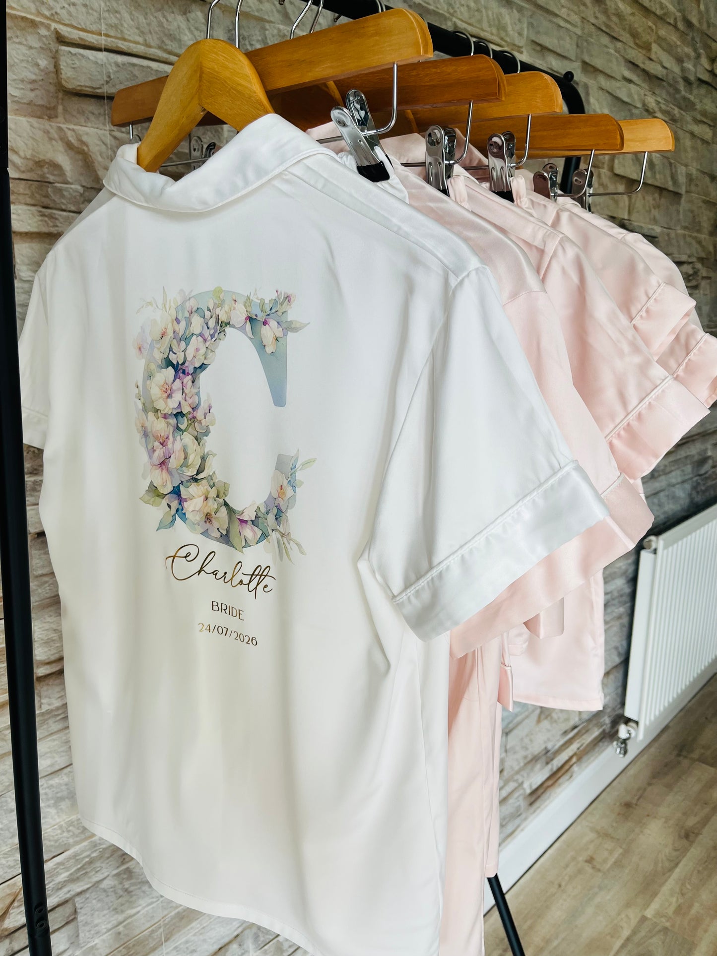 Personalised Satin Bridesmaid Pjs - Pastel Initial Design - Adults