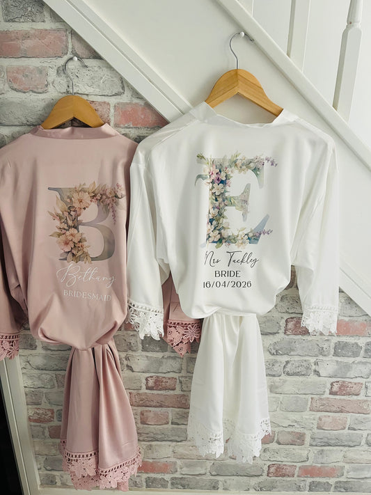 Personalised Satin Lace Trim Bridesmaid Robe - Pastel Initial Design