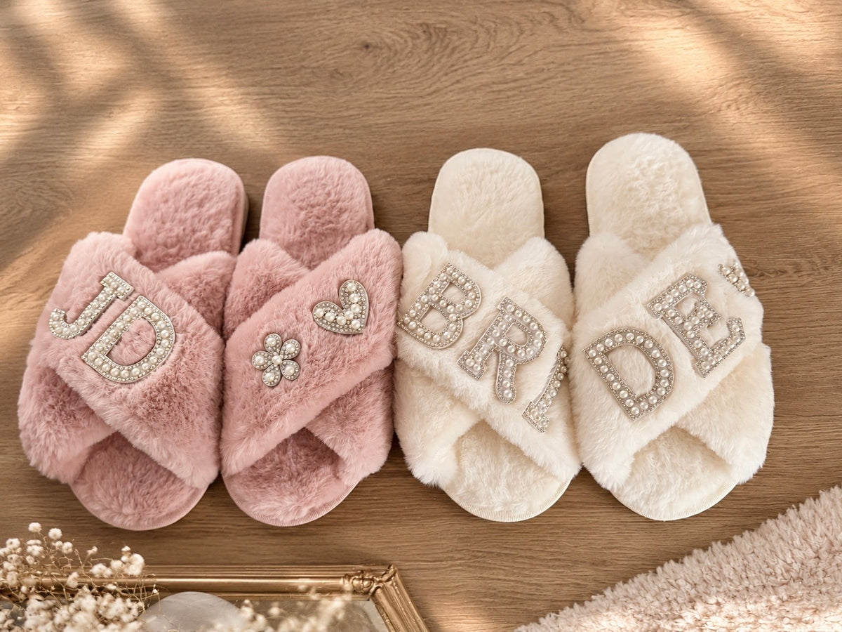 Bride Cross Over Pearl Slippers - Bridesmaid Soft Fluffy Slippers