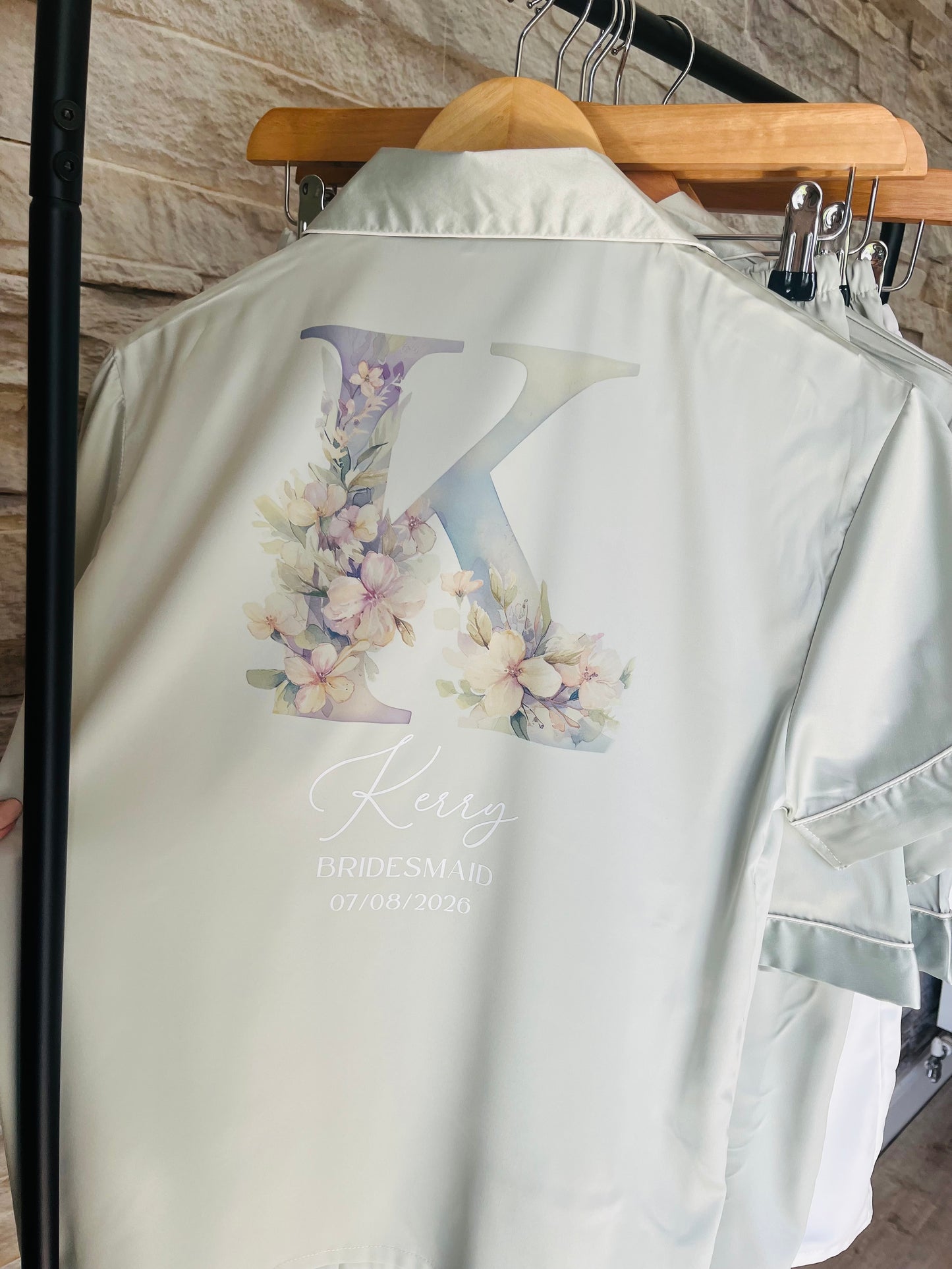 Personalised Satin Bridesmaid Pjs - Pastel Initial Design - Adults
