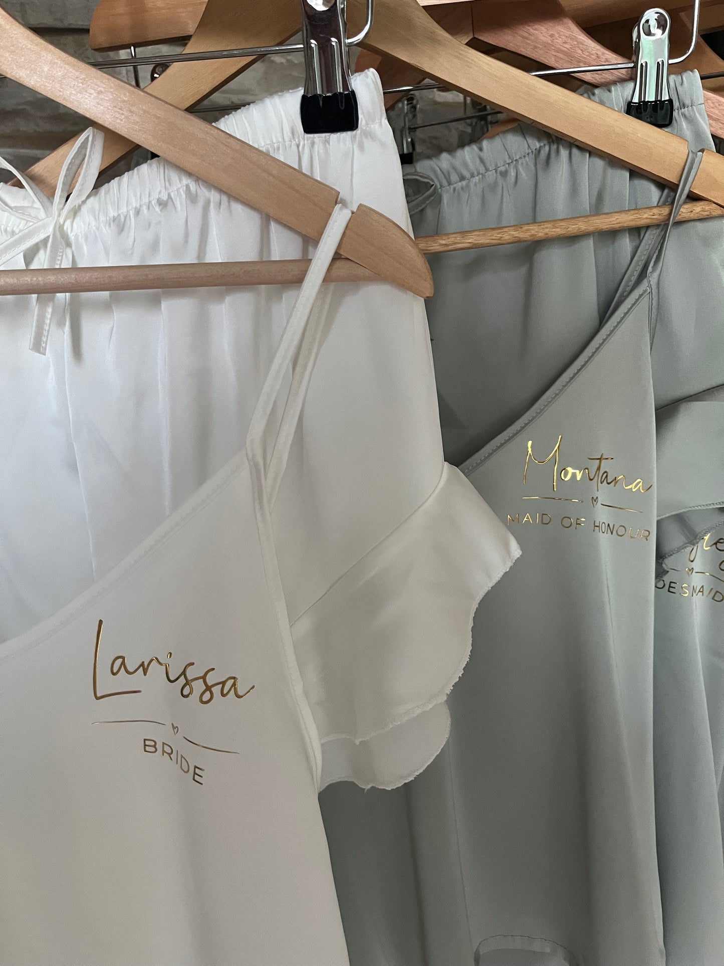 Personalised Satin Ruffle Cami Bridesmaid Pjs - Text Design - Adults