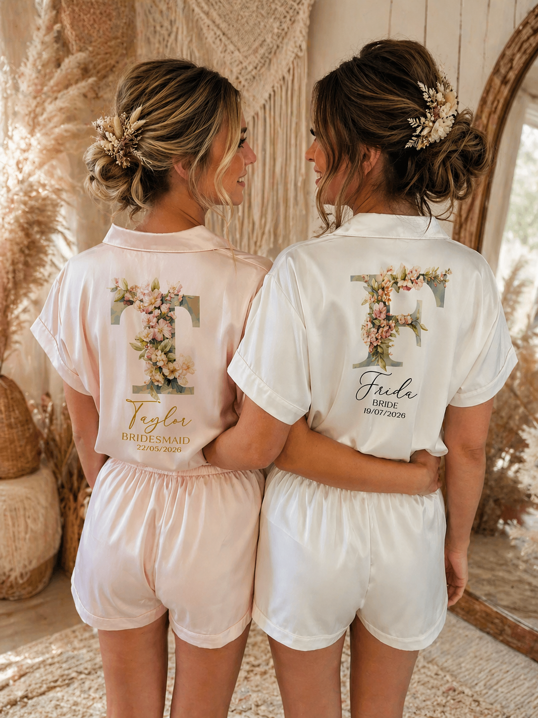 Personalised Satin Bridesmaid Pjs - Pastel Initial Design - Adults