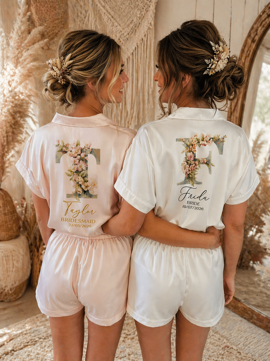 Personalised Satin Bridesmaid Pjs - Pastel Initial Design - Adults