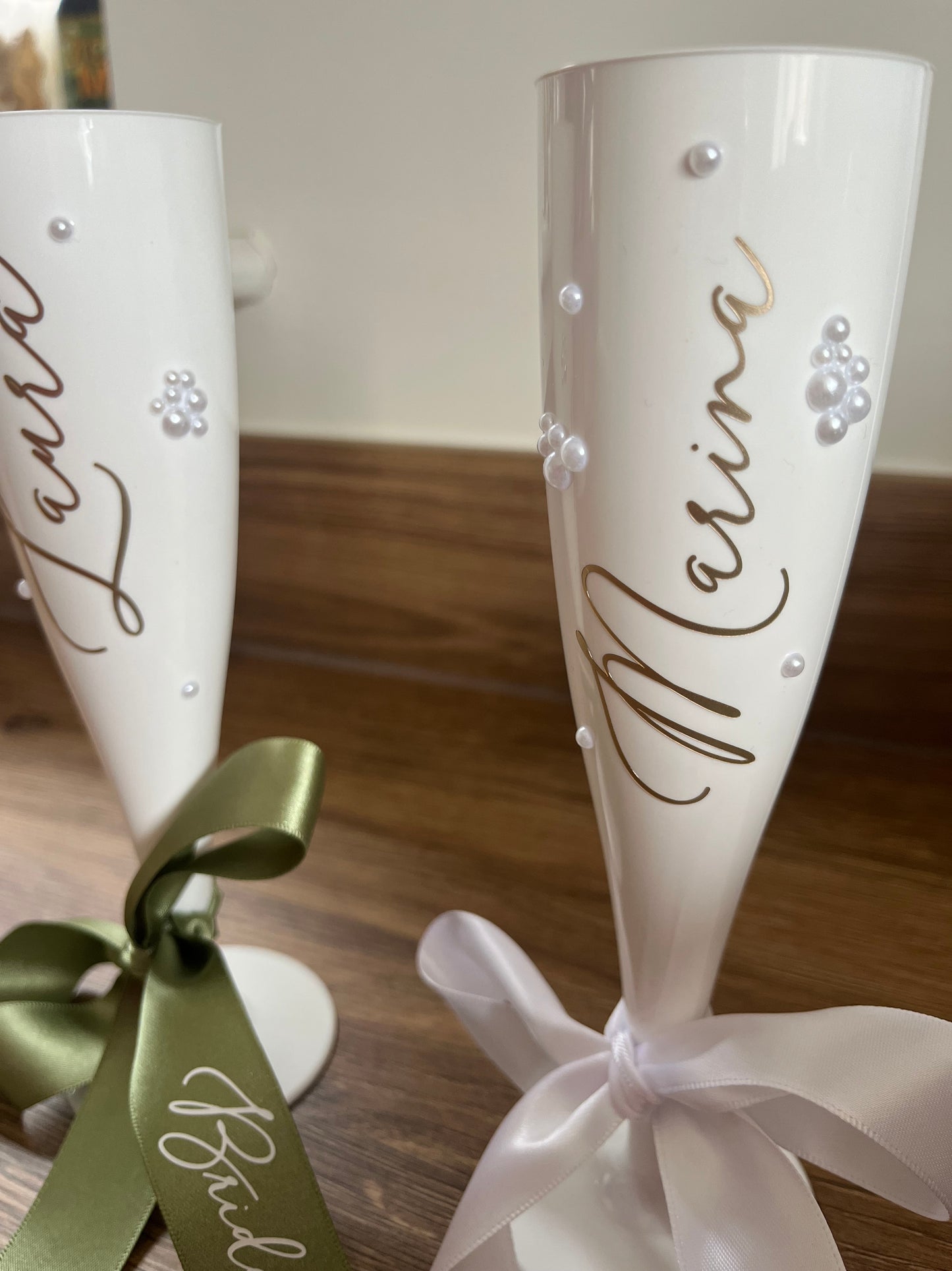 Bridesmaid Flute Glass - White plastic flute glass with personalised ribbons