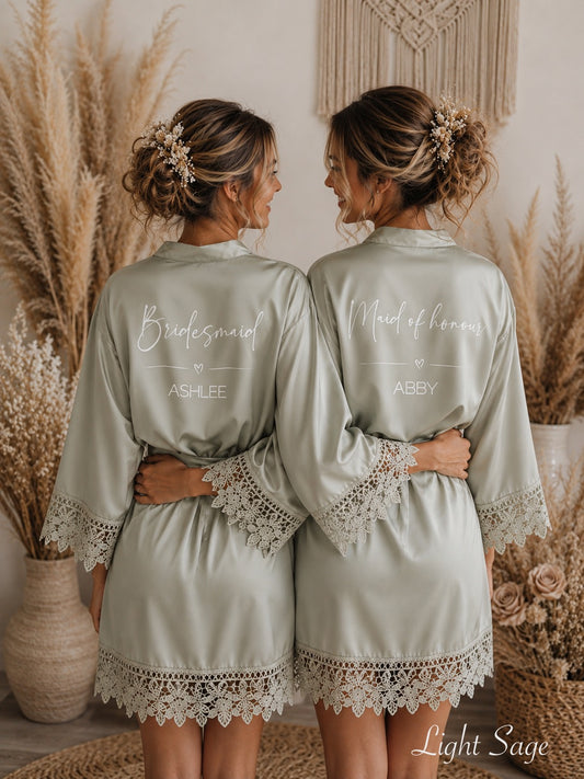 Lace Trim Bridesmaid Satin Robe - Text Design