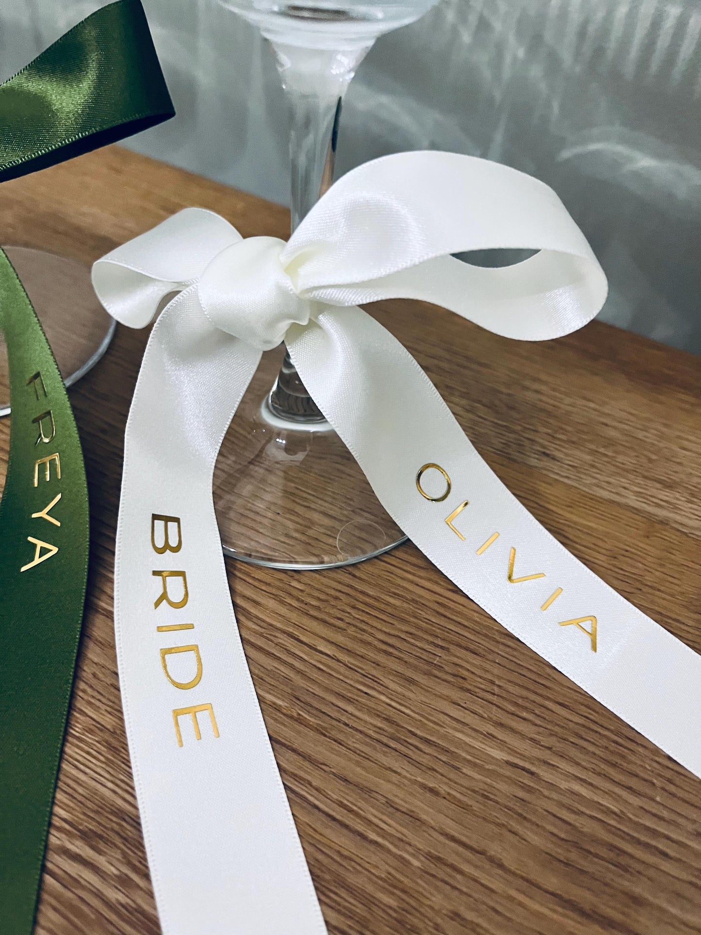 Olive Personalised Ribbons for Champagne Coupe