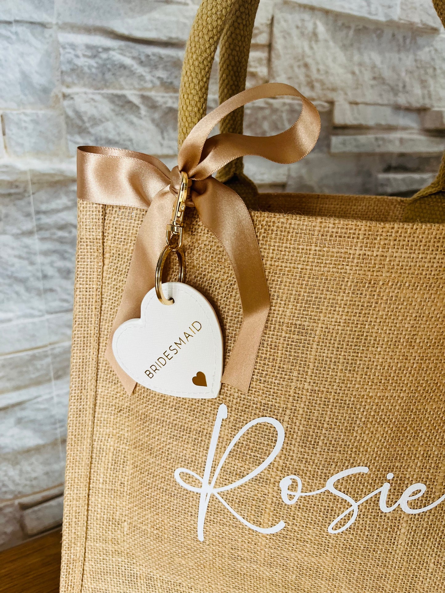 Personalised Bridesmaid Hessian Jute bag - Heart Keyring
