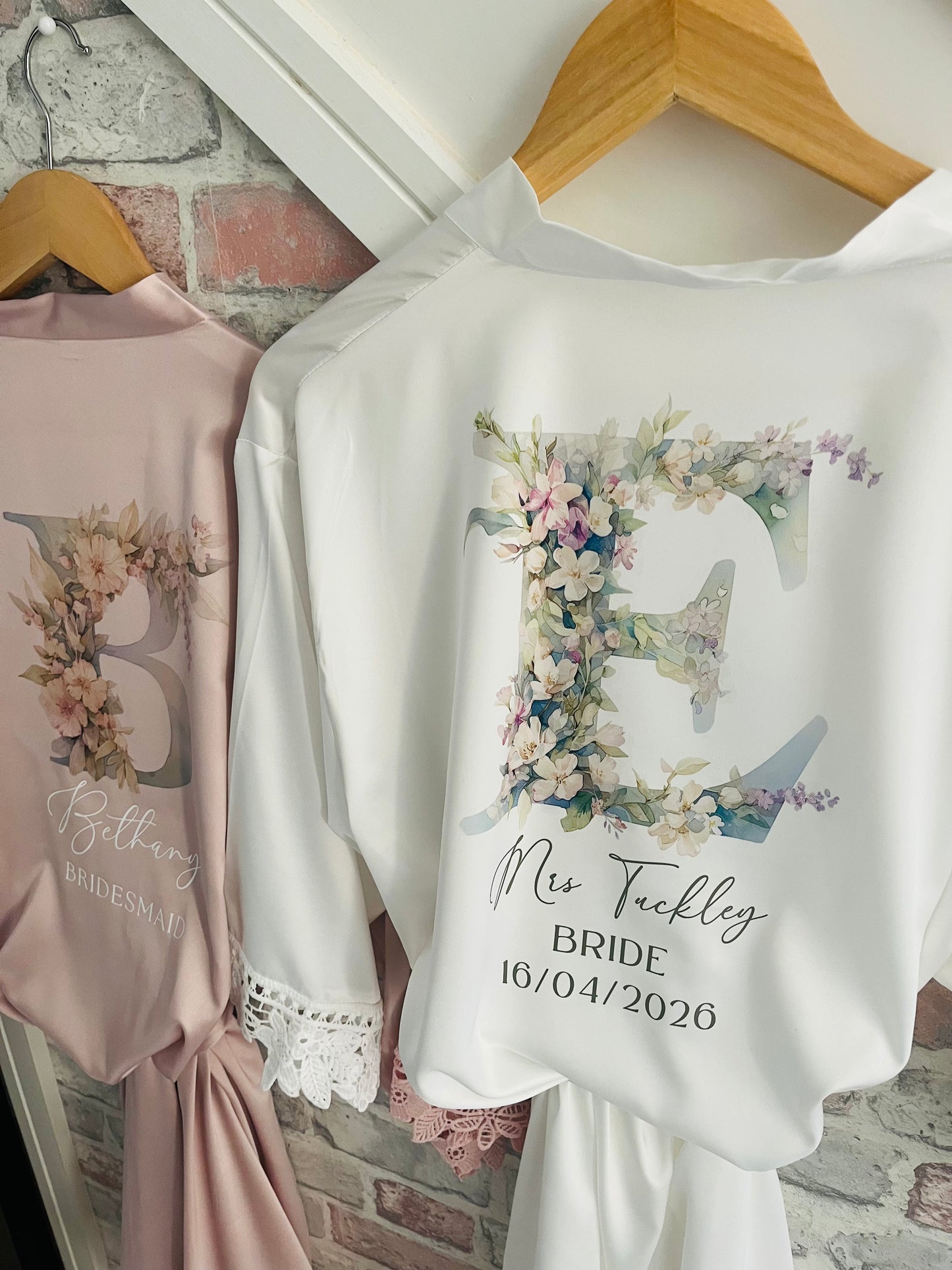 Personalised Satin Lace Trim Bridesmaid Robe - Pastel Initial Design