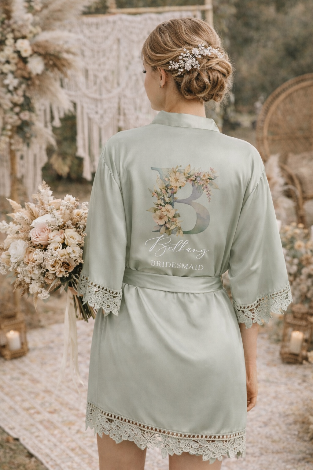 Personalised Satin Lace Trim Bridesmaid Robe - Pastel Initial Design