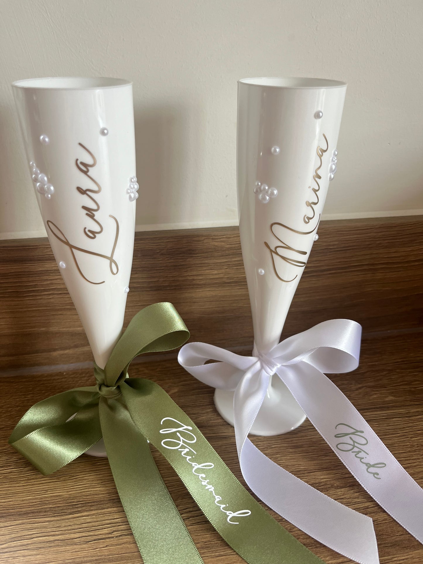 Bridesmaid Flute Glass - White plastic flute glass with personalised ribbons