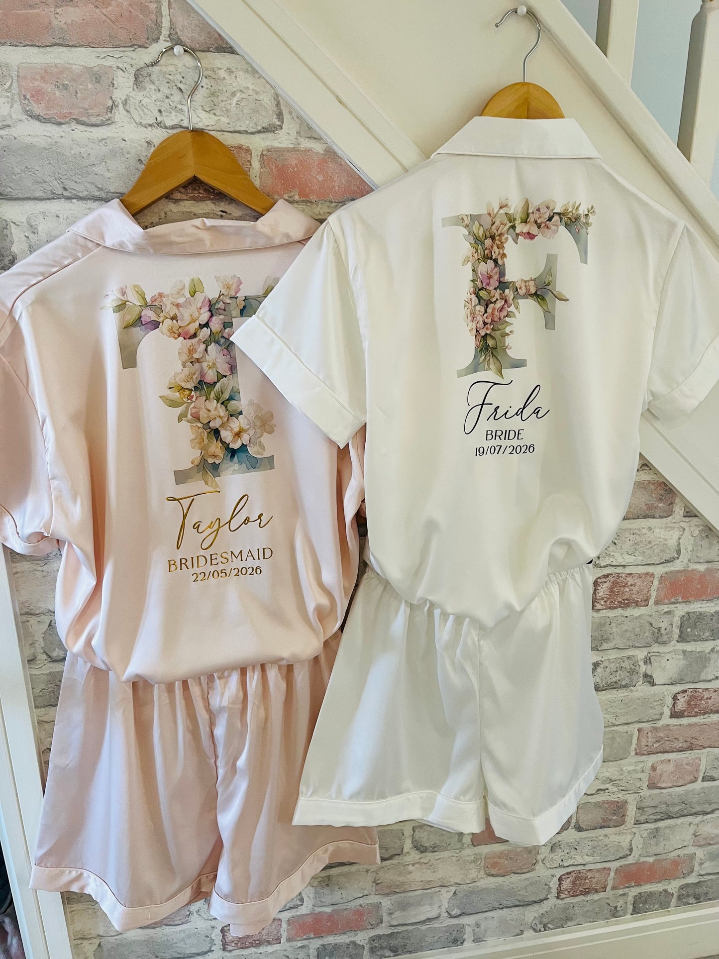 Personalised Satin Bridesmaid Pjs - Pastel Initial Design - Adults
