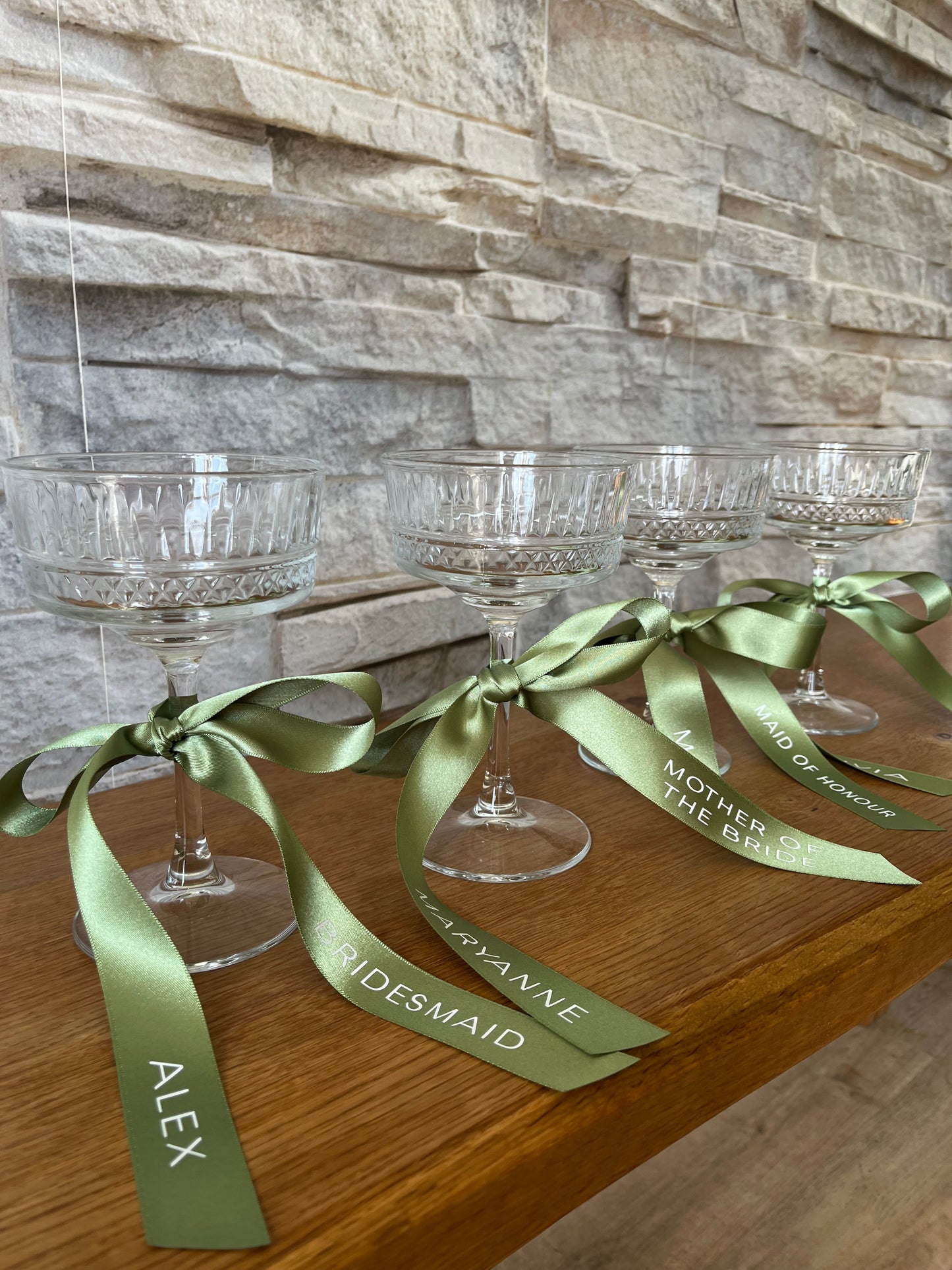 Sage Bridesmaid Personalised Ribbon for Champagne coupe Glass