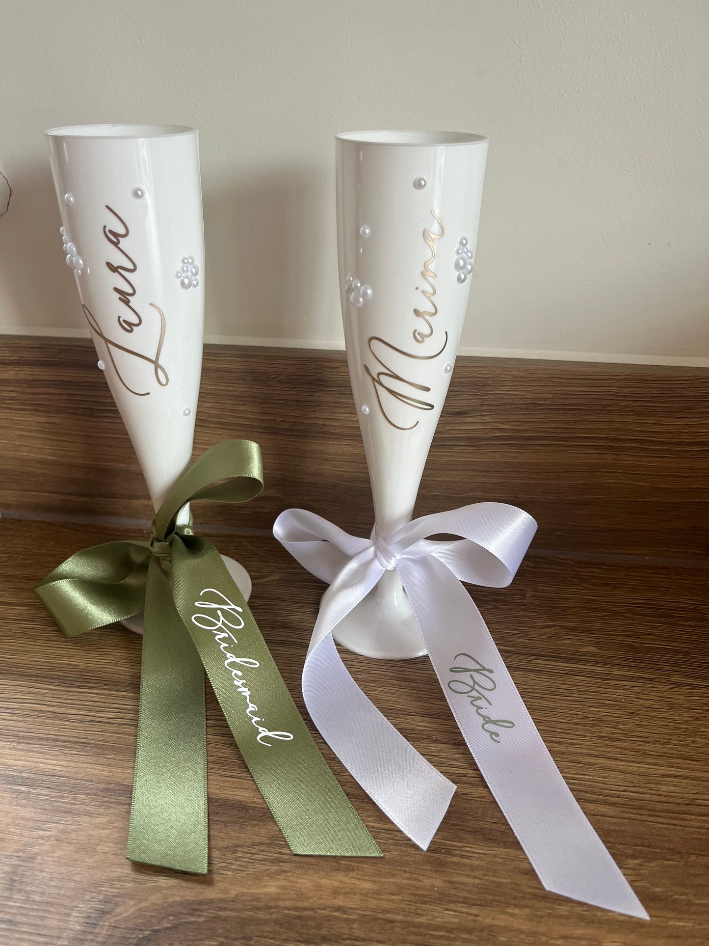 Bridesmaid Flute Glass - White plastic flute glass with personalised ribbons