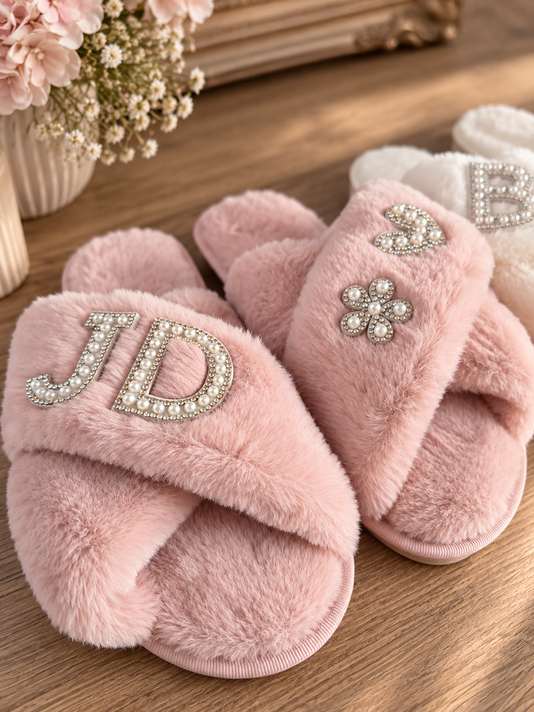 Bride Cross Over Pearl Slippers - Bridesmaid Soft Fluffy Slippers
