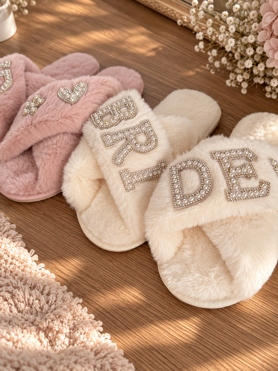 Bride Cross Over Pearl Slippers - Bridesmaid Soft Fluffy Slippers