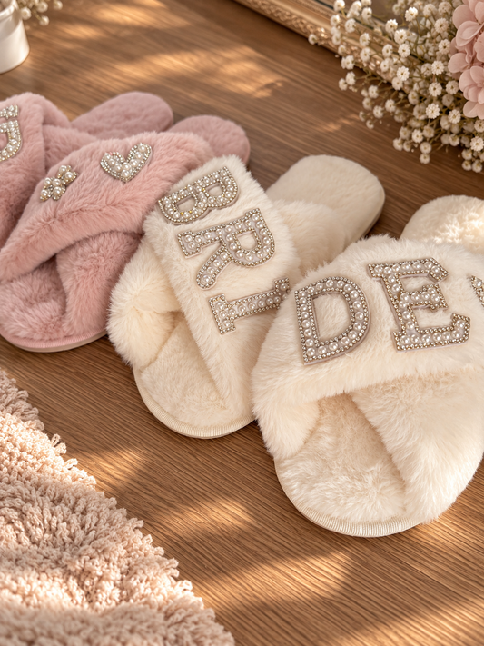 Bride Cross Over Pearl Slippers - Bridesmaid Soft Fluffy Slippers