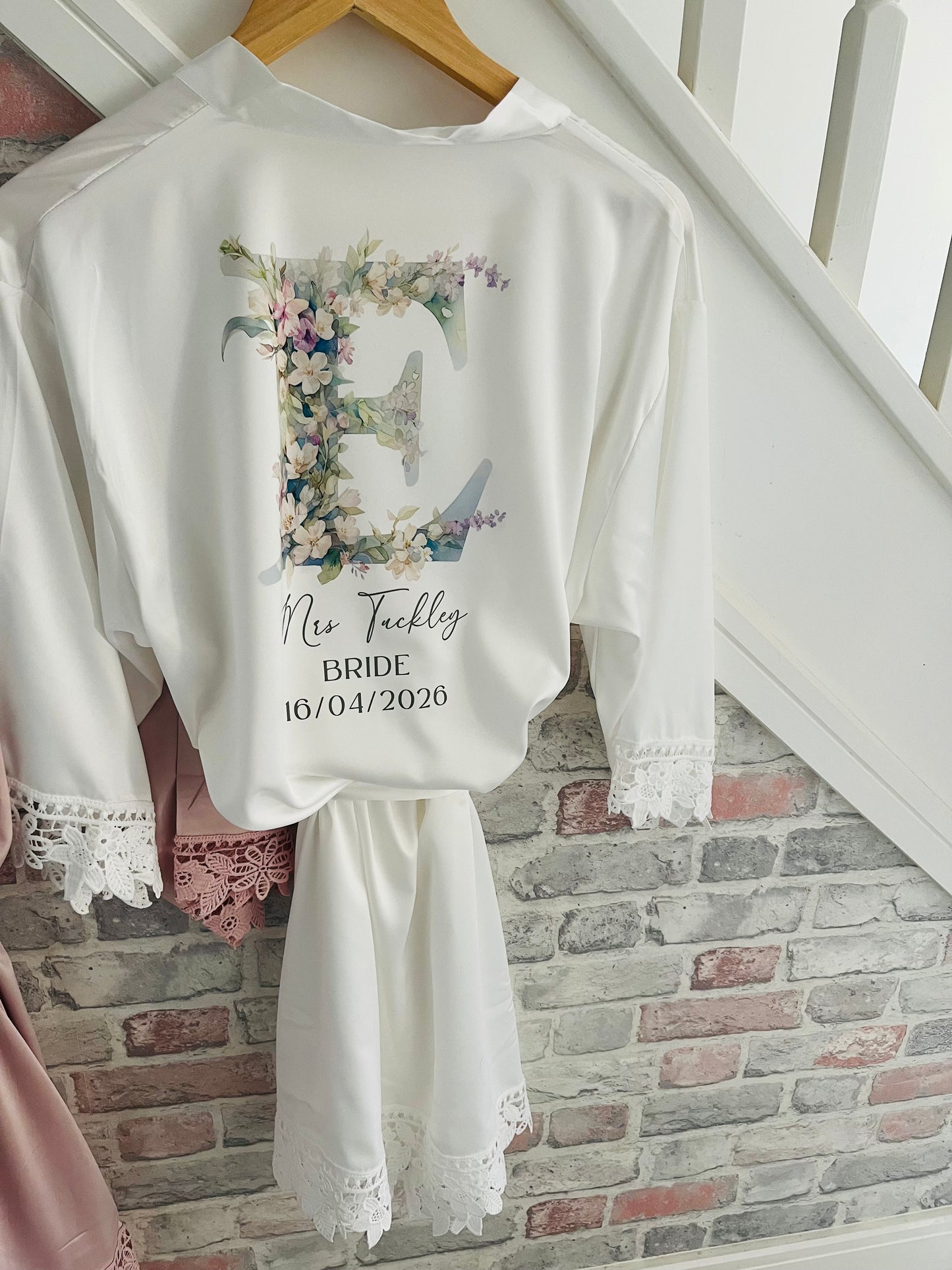 Personalised Satin Lace Trim Bridesmaid Robe - Pastel Initial Design