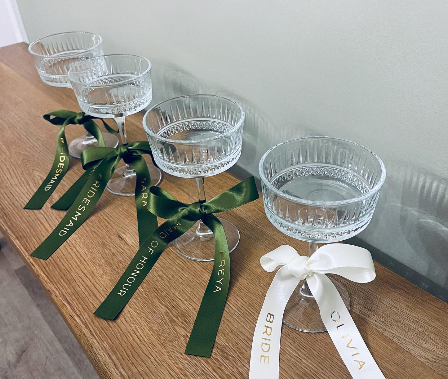 Olive Personalised Ribbons for Champagne Coupe