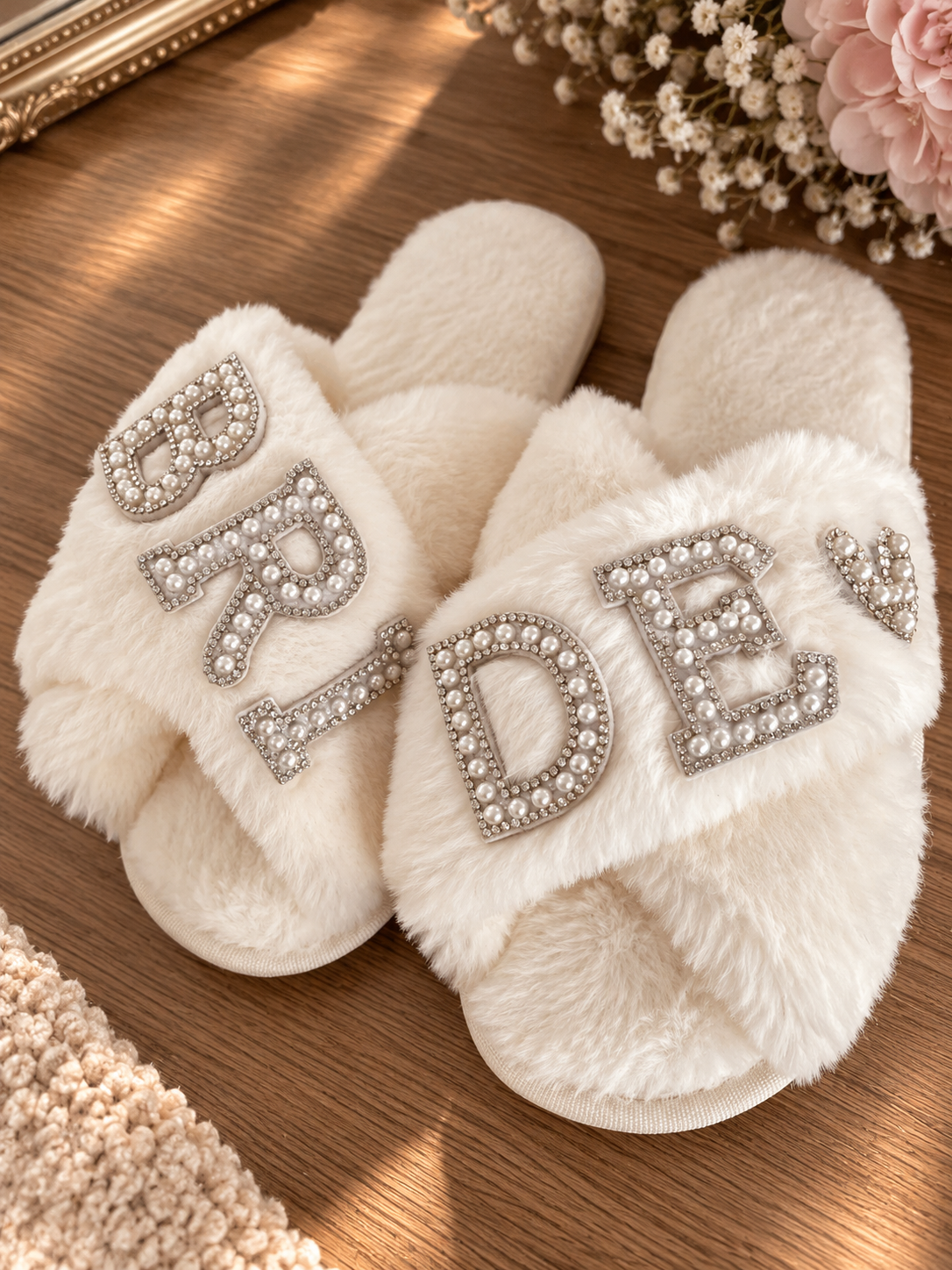 Bride Cross Over Pearl Slippers - Bridesmaid Soft Fluffy Slippers