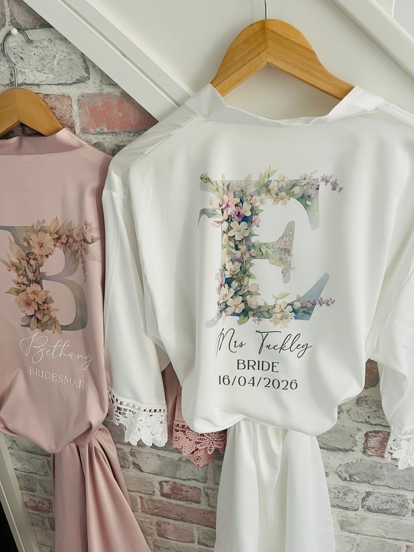 Personalised Satin Lace Trim Bridesmaid Robe - Pastel Initial Design
