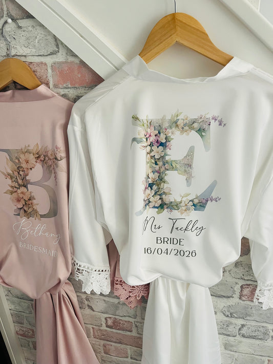 Personalised Satin Lace Trim Bridesmaid Robe - Pastel Initial Design