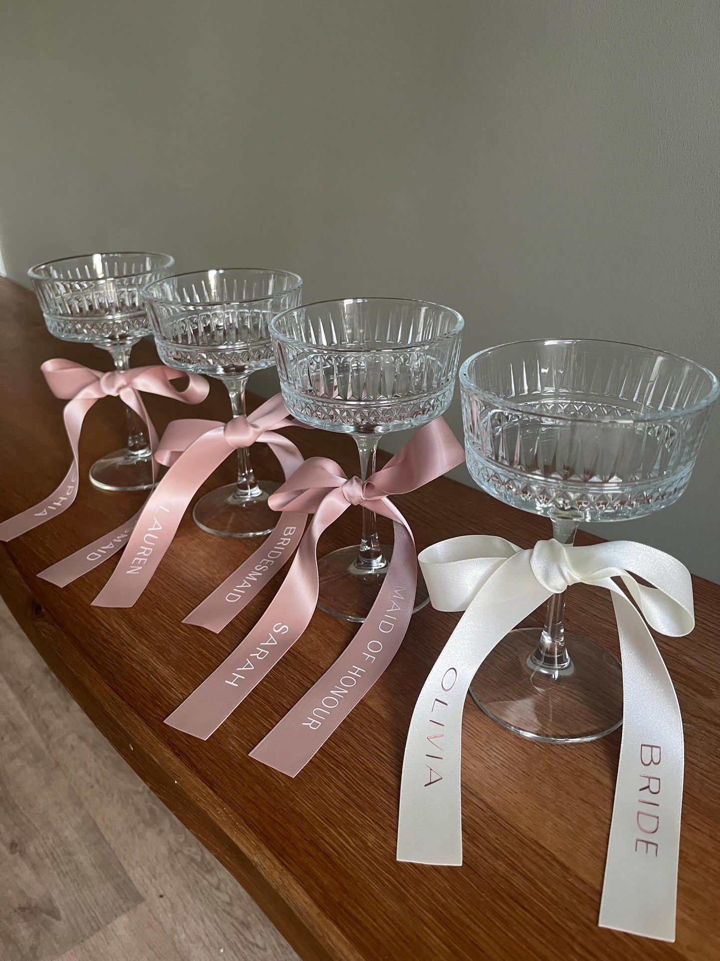 Nude Pink Bridesmaid Personalised Ribbons for Champagne Coupe
