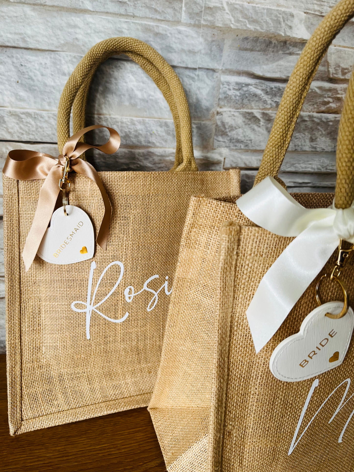 Personalised Bridesmaid Hessian Jute bag - Heart Keyring
