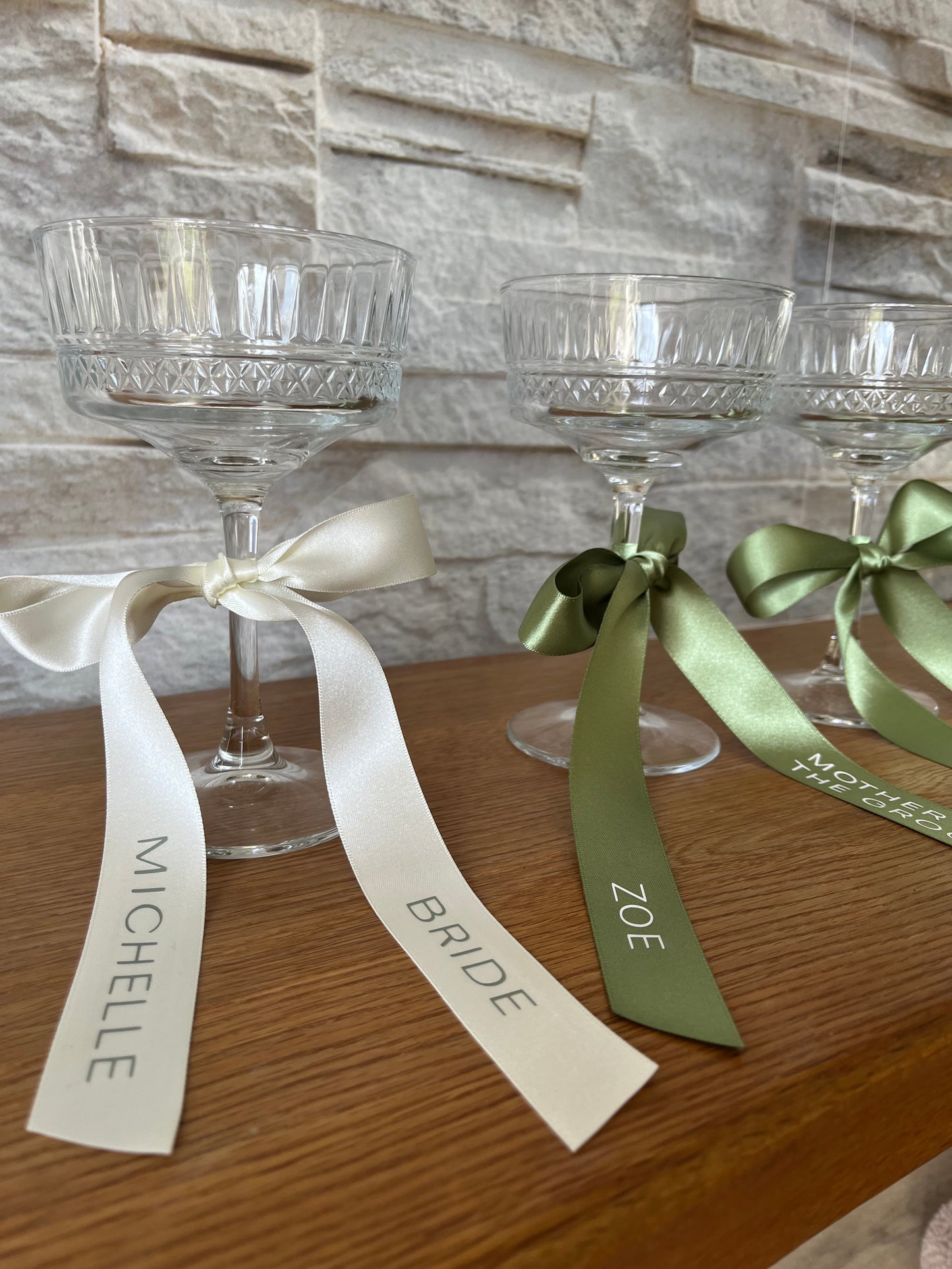 Sage Bridesmaid Personalised Ribbon for Champagne coupe Glass