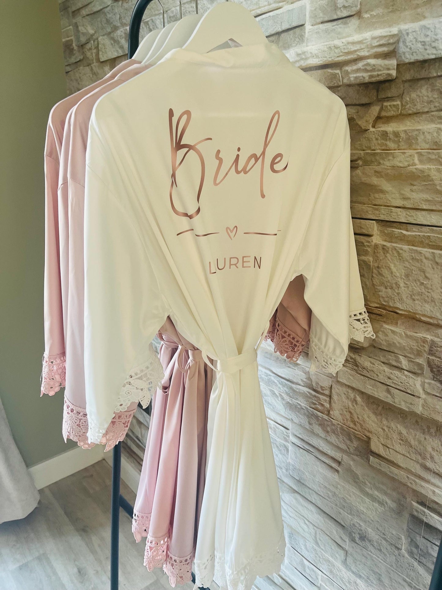 Lace Trim Bridesmaid Satin Robes - Bridesmaid personalised Robe -