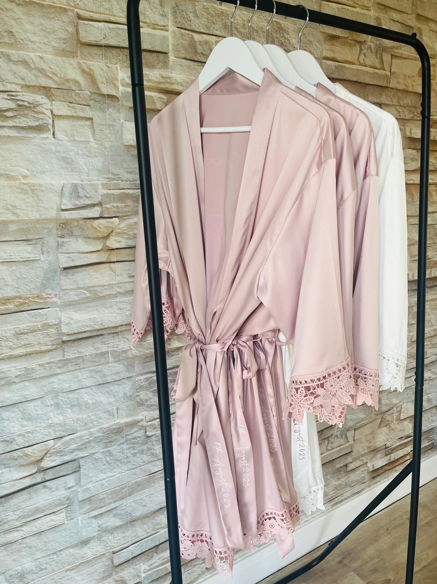 Lace Trim Bridesmaid Satin Robes - Bridesmaid personalised Robe -