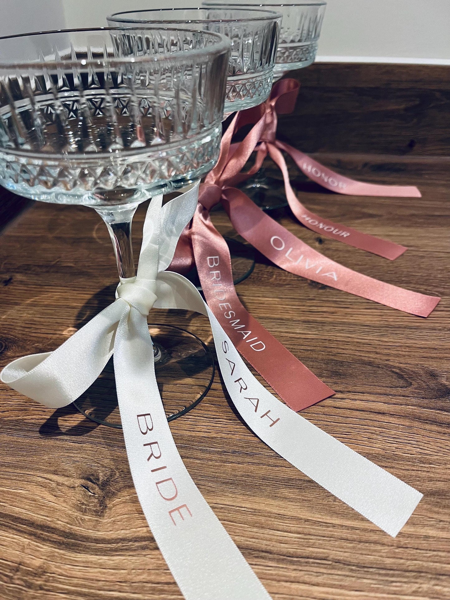 Personalised Bridesmaid Ribbons For Champagne Flutes - Custom PINK ribbons for Bridesmaid Champagne Glasses - Bridesmaid Gift