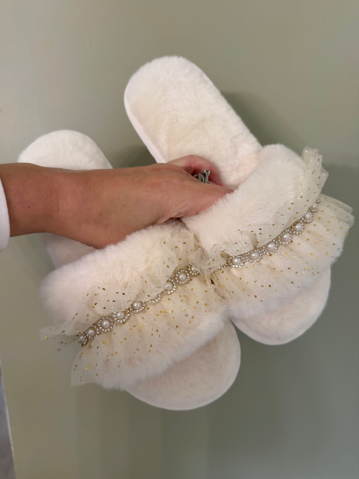 Pearl Embellished Tulle Bride Slippers