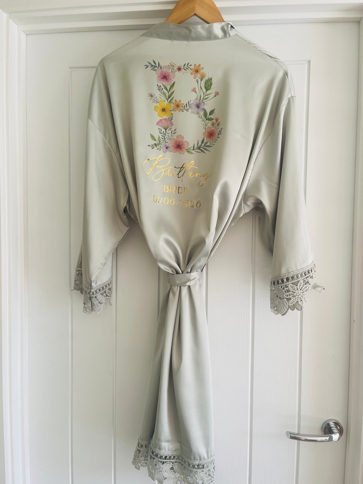 Personalised Satin Lace Trim Bridesmaid Robe - Wildflowers Initial Design