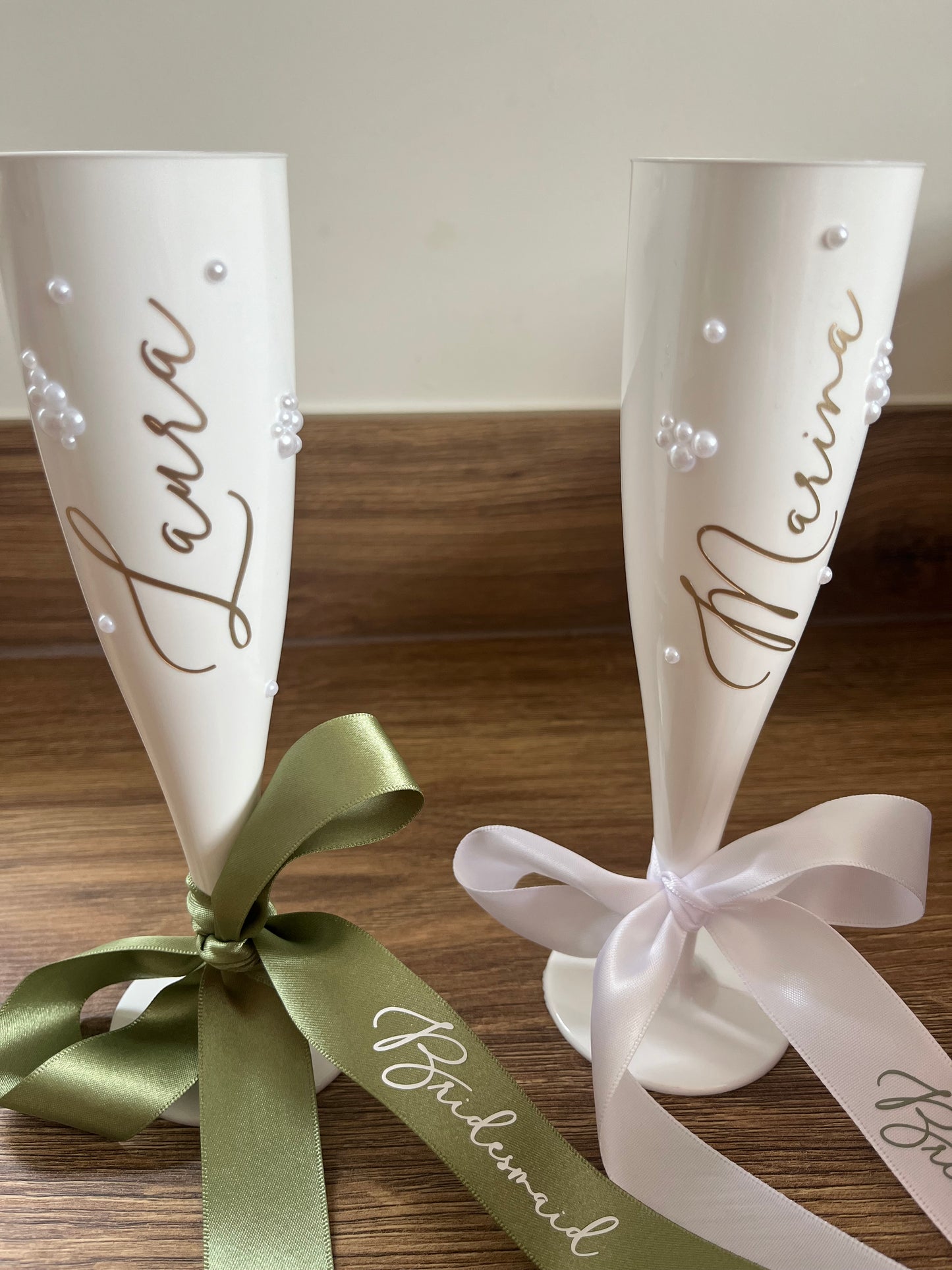 Bridesmaid Flute Glass - White plastic flute glass with personalised ribbons