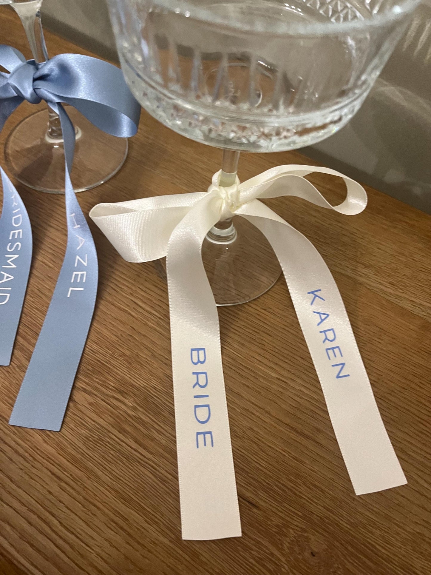 Personalised FRENCH Blue  Ribbon For Bridesmaid Champagne Coupe Glass