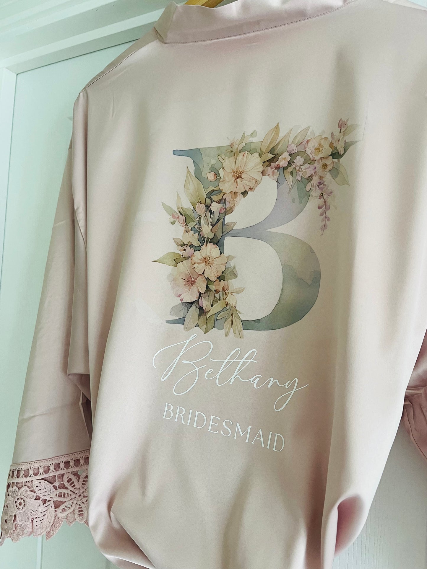 Personalised Satin Lace Trim Bridesmaid Robe - Pastel Initial Design