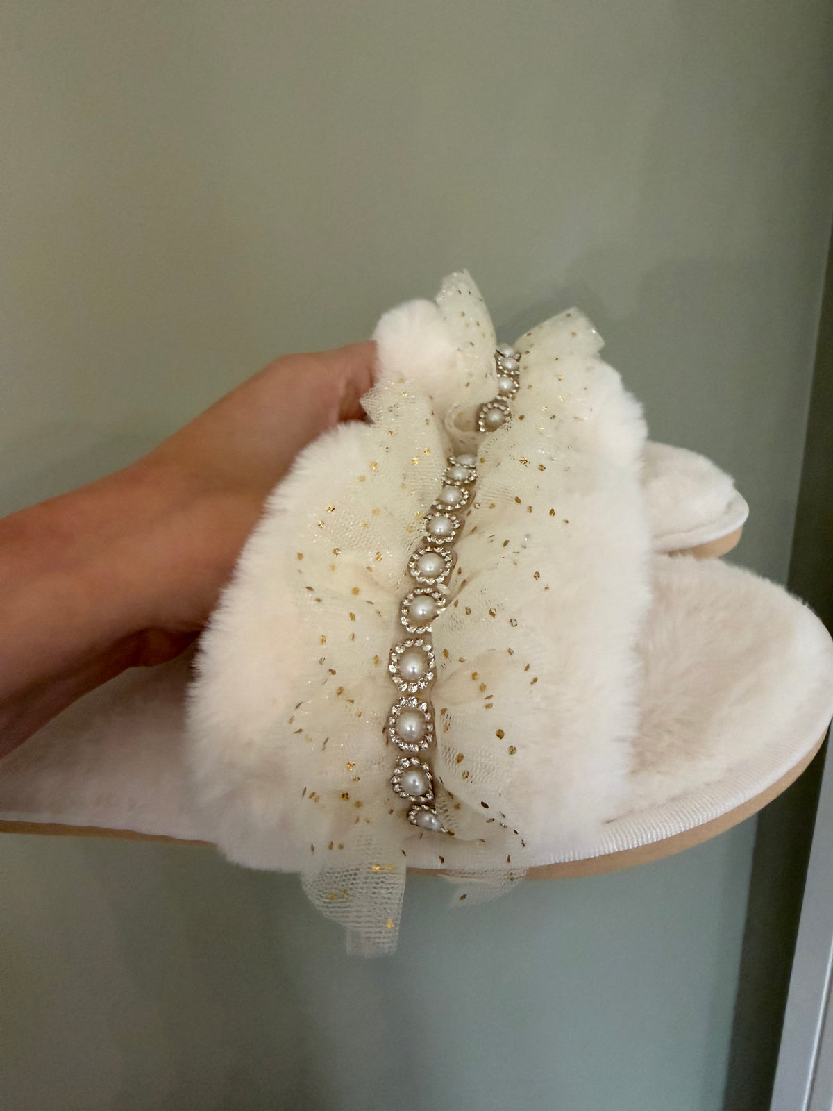 Pearl Embellished Tulle Bride Slippers