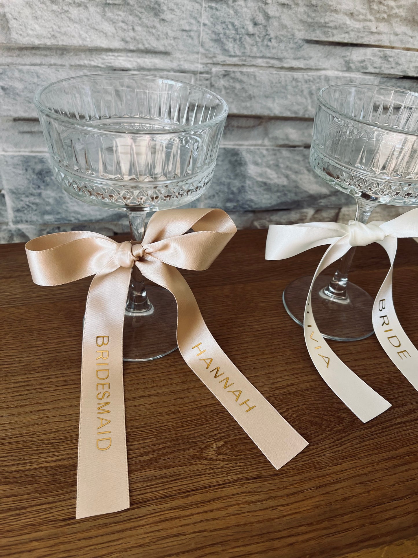 Champagne Bridesmaid Personalised Ribbon for Champagne coupe Glass