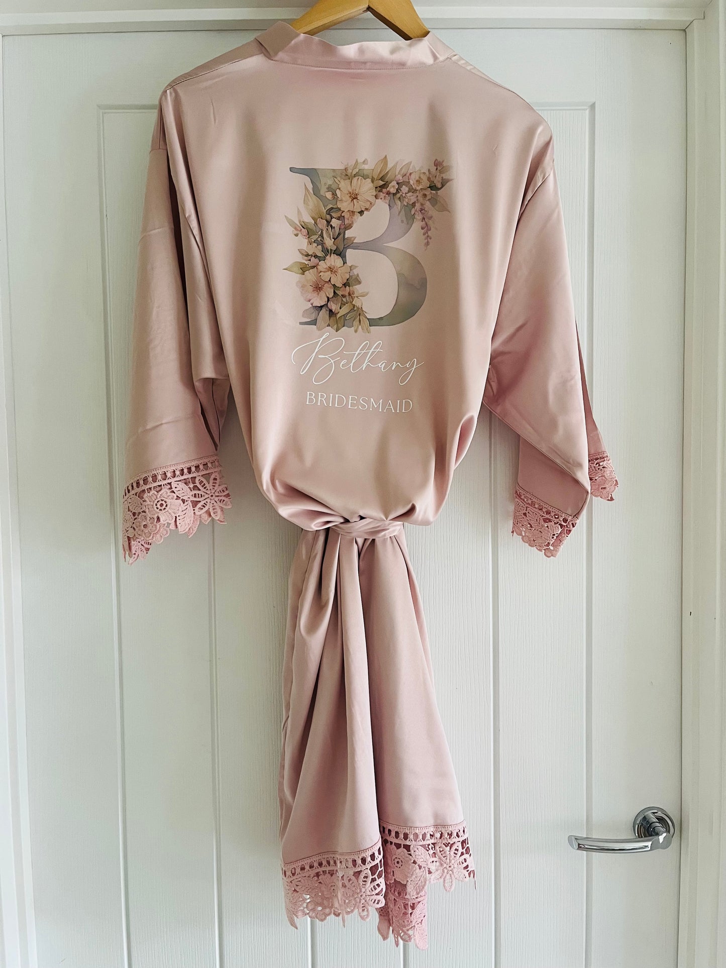 Personalised Satin Lace Trim Bridesmaid Robe - Pastel Initial Design