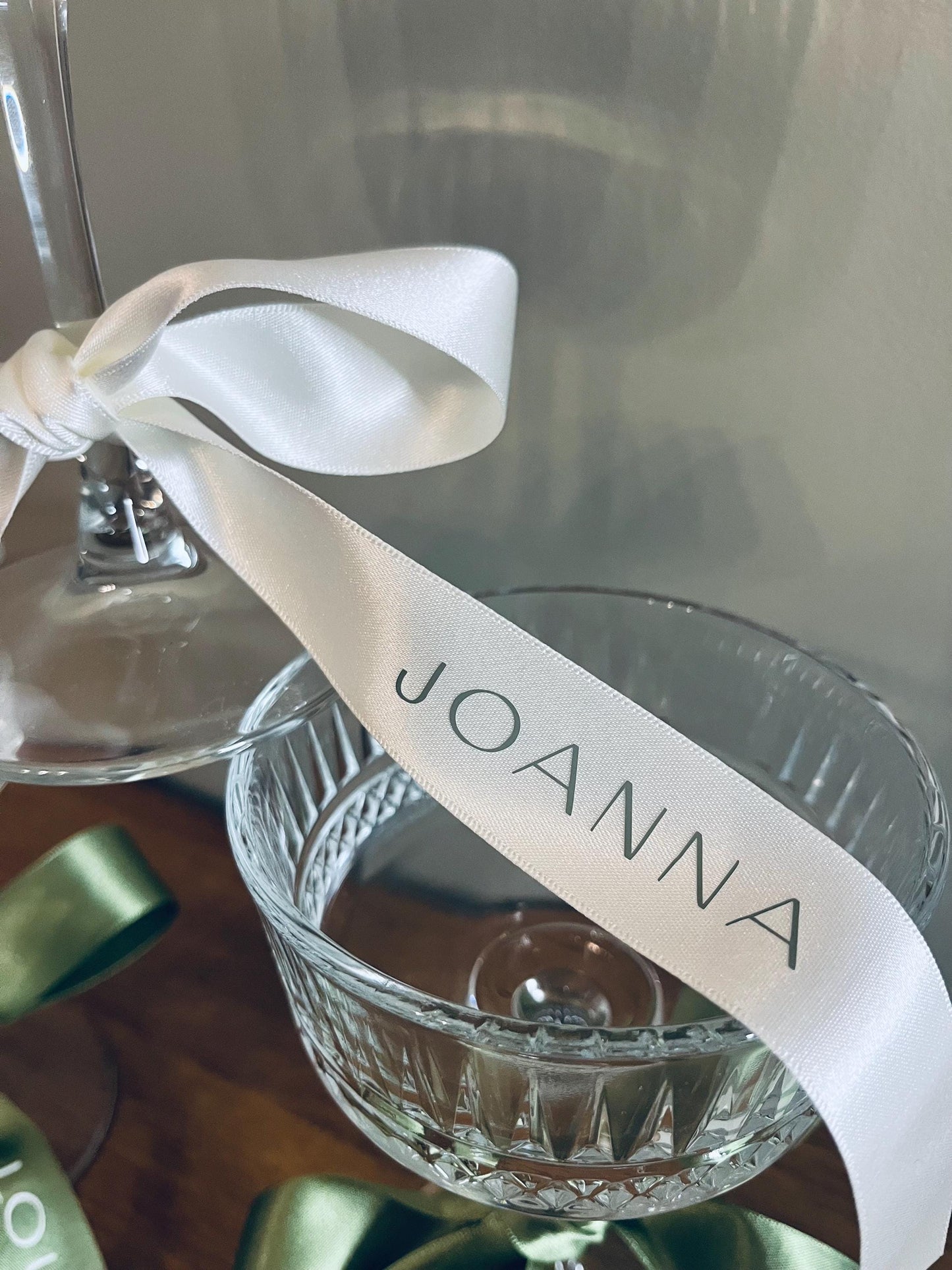 Sage Bridesmaid Personalised Ribbon for Champagne coupe Glass