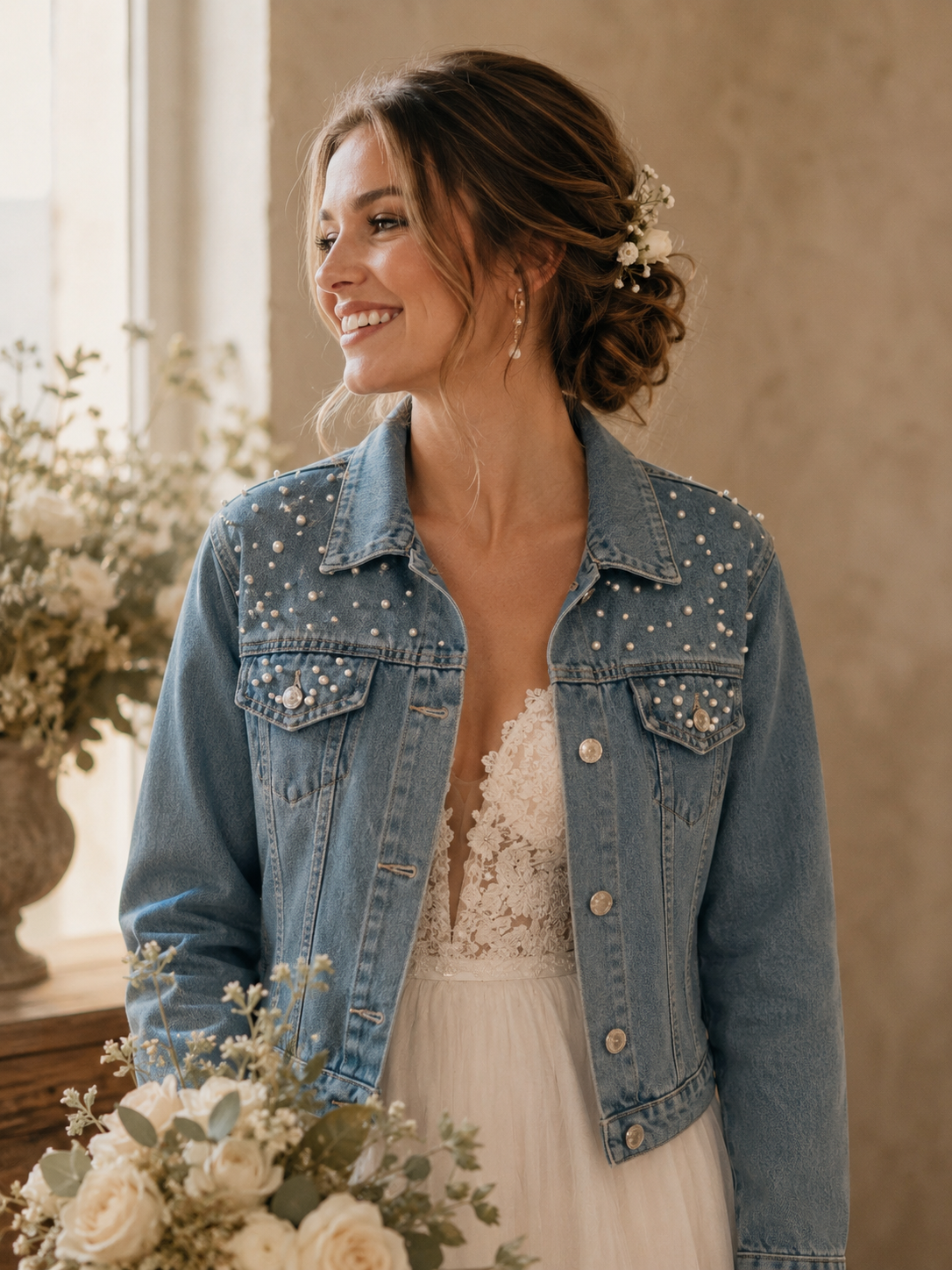 Personalised Embroidered Pearl Denim Jacket