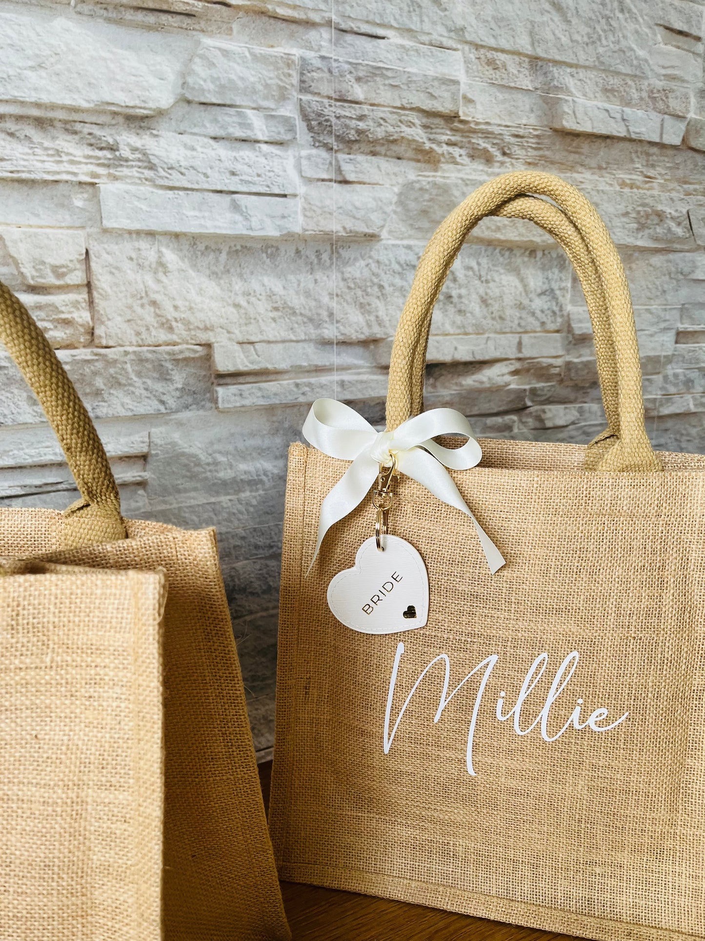 Personalised Bridesmaid Hessian Jute bag - Heart Keyring