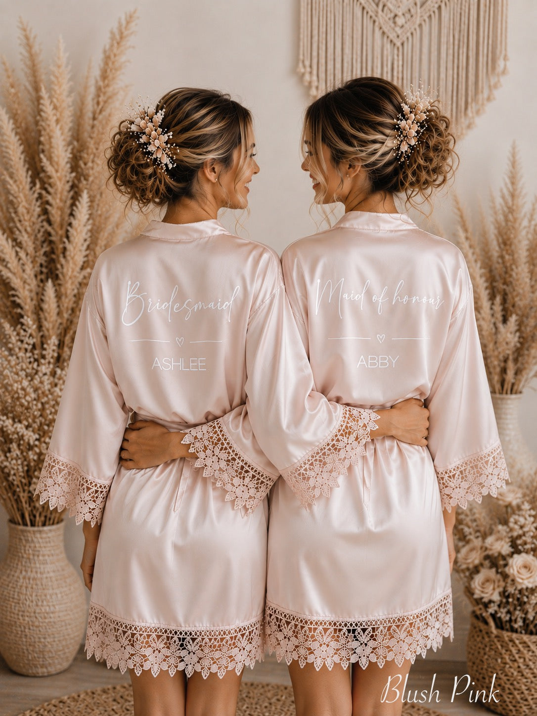 Lace Trim Bridesmaid Satin Robe - Text Design