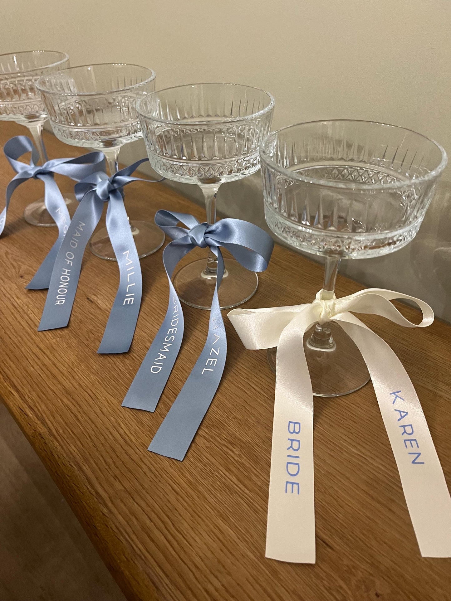 Personalised FRENCH Blue  Ribbon For Bridesmaid Champagne Coupe Glass